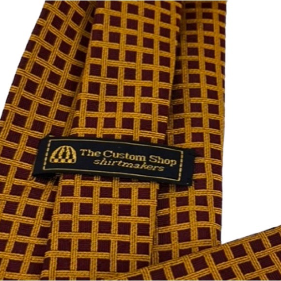 The Custom Shop Mens Vintage pure Silk Necktie Yellow Burgundy Micro Check Print - Picture 5 of 8